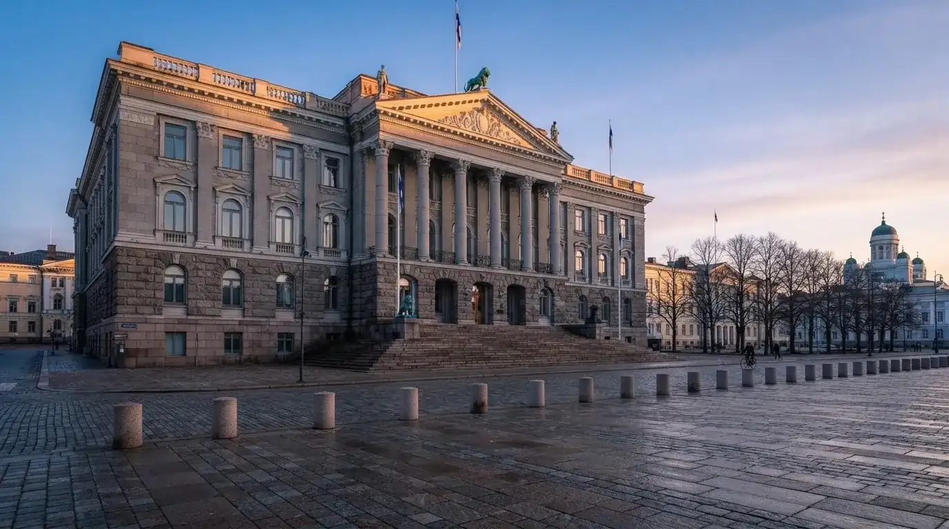 Kivinen valtionhallinnon julkisivu Helsingissä aamunkoitteessa, korkeat pylväät ja tyhjä aukio edessä — casino ventti