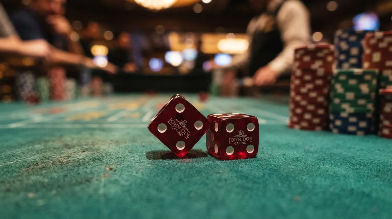 Punaiset nopat lepäävät vihreällä huovalla, taustalla sumeita pelimerkkitorneja iltahämärässä — kolikkopelit casino pelit