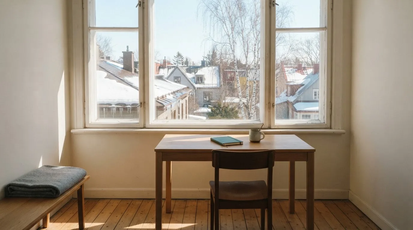 Toimistohuoneen ikkunasta näkyy maaliskuun aamu, lumi sulaa katolla auringonpaisteessa hiljaisella aamulla.