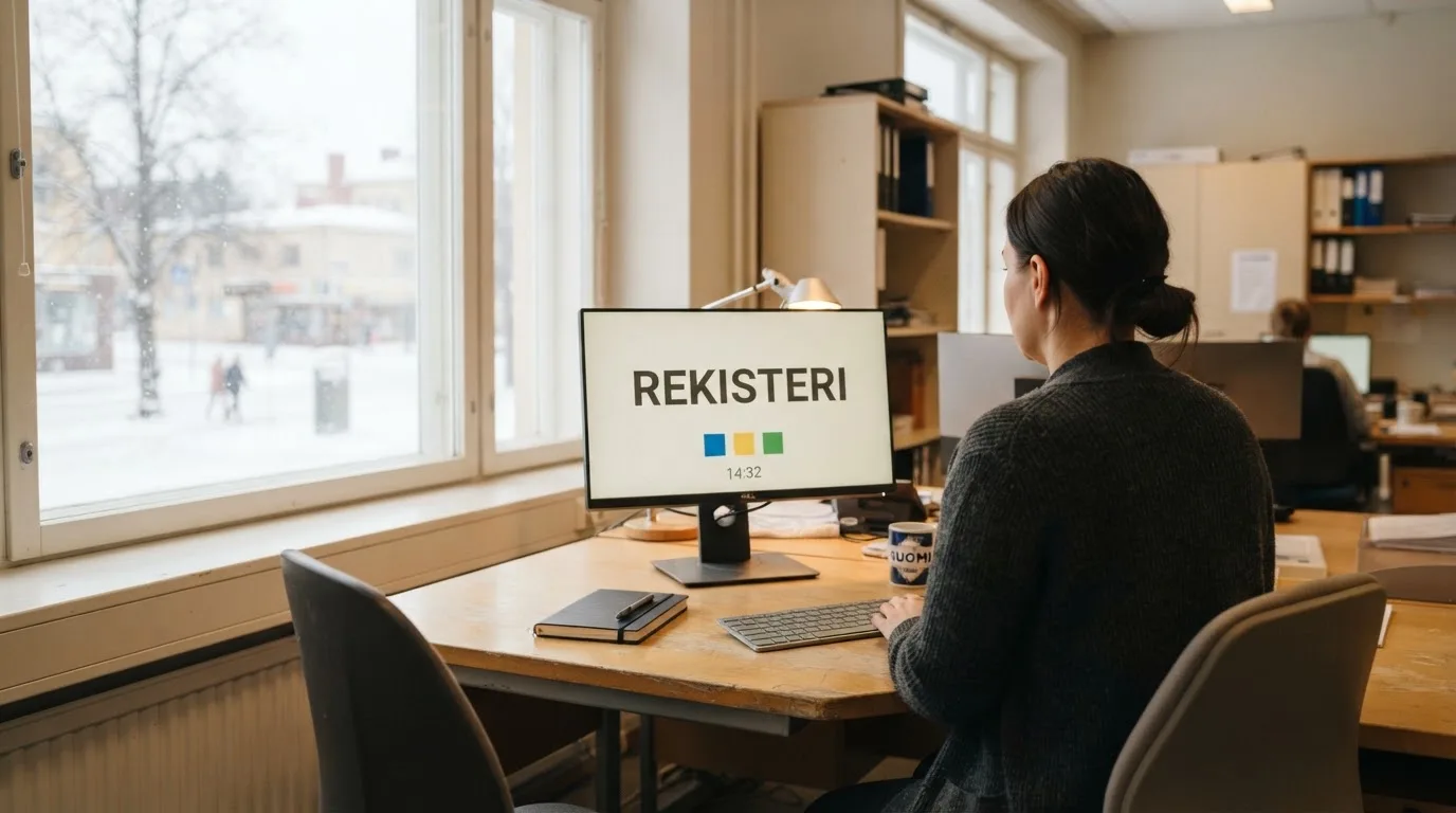 Virkailija istuu vaaleassa virastohuoneessa tietokoneen ääressä, ikkunasta näkyy talvinen kaupunkimaisema.
