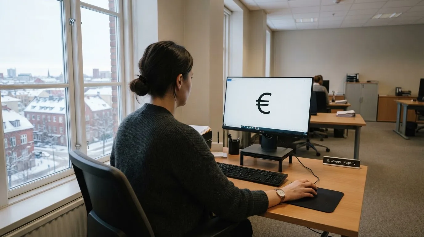 Virkailija istuu vaaleassa virastohuoneessa tietokoneen ääressä, ikkunasta näkyy talvinen kaupunkimaisema.
